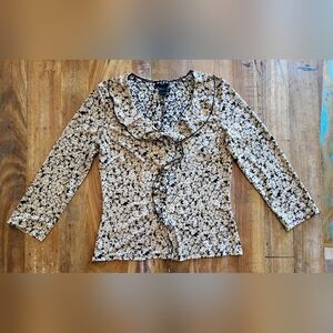 BCBG Paris Womens Med Y2k Floral Long Sleeve Ruffled Tan Black Top Coattagecore